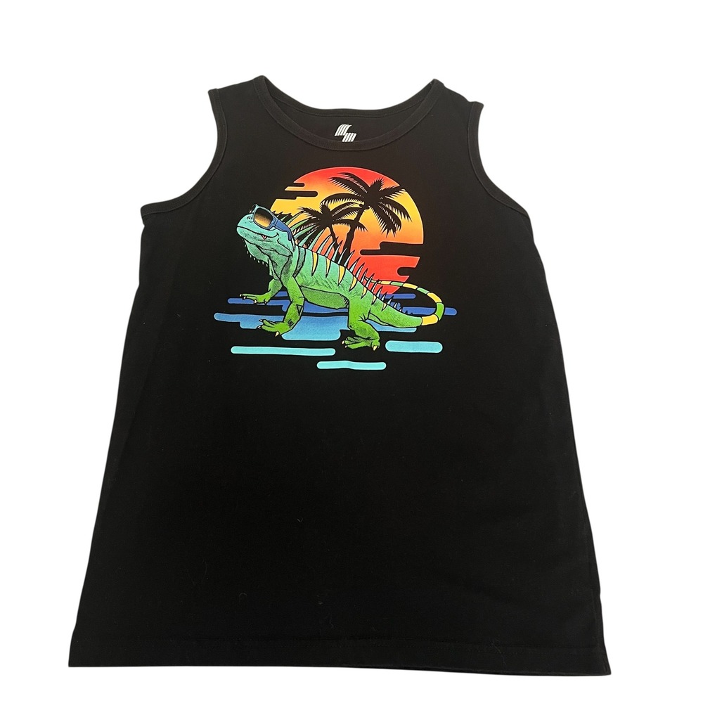 Kids Place‎ Sport Graphic Tank Top Iguana Palm Tree Sunset Beach Black Size L